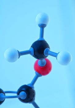 Spatial detail of several atoms in a large molecule.