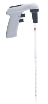 Pipette holder with a glass pipette isolated over a white background.