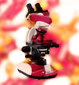 Image of a microscope blending with a stack of pills suggesting the idea of drugs research.