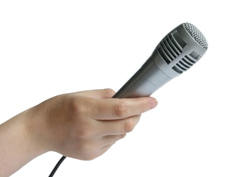 Hand with a microphone on a white background.