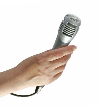 Hand with a microphone on a white background.