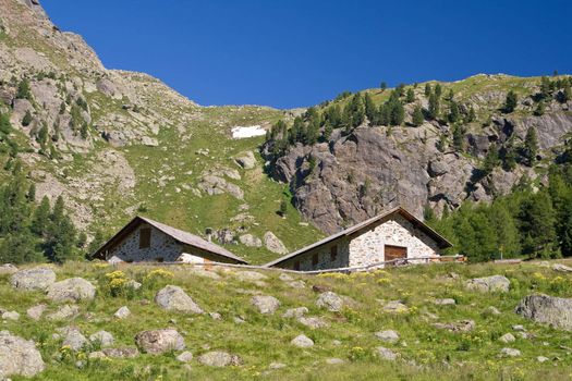 summer landscape of alpine pasture with two typical stone homes 