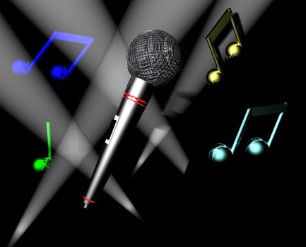 A 3D microphone and music notes.