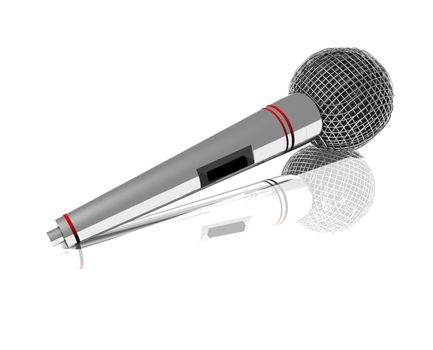 A close up of a 3D rendered microphone on a soft white reflective surface.