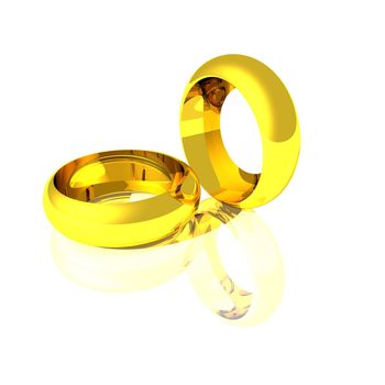 Computer model of gold wedding rings on white.