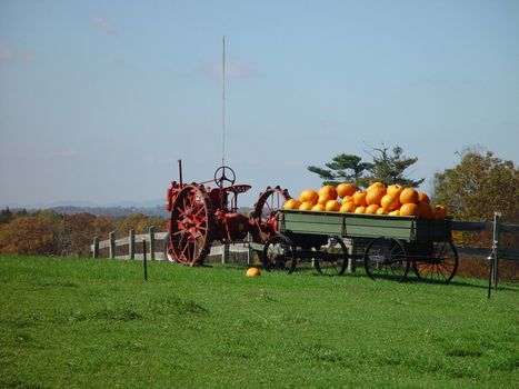 This old tractor sits along the Blue Ridge Parkway with a wagon full of pumpkins