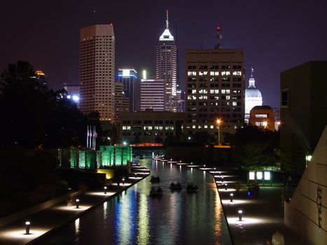 A night time image of Indianapolis’s canal.