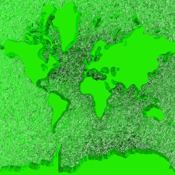 A Three-dimensional atlas of the earth with the land rising from a liquid background.