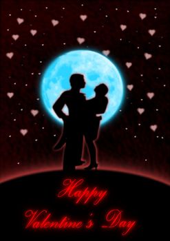 A couple dancing in front of a full blue moon and heart shaped stars.