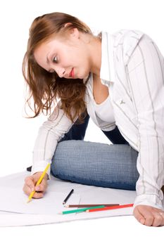 Beautiful girl is drawing with crayons. Isolated on white. #6