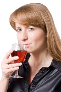 Young woman tasting a glass of wine. Isolated on white. #2