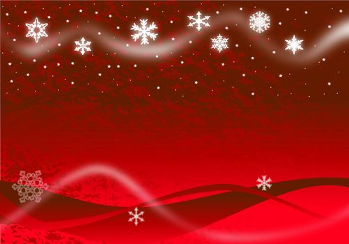 Christmas illustration of glowing snowflakes and stars with abstract snow drifts and blowing snow on red.