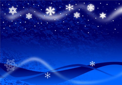 Christmas illustration of glowing snowflakes and stars with abstract snow drifts and blowing snow on blue.