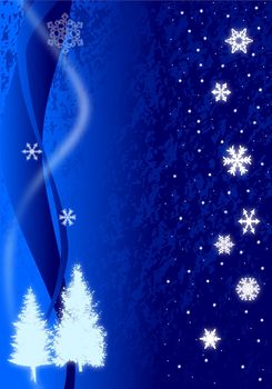 Christmas illustration of glowing blue snowflakes and trees  on a black marble like background.