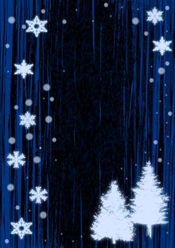 Christmas illustration of glowing blue snowflakes and trees.