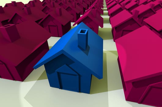 Illustrated street view of houses in a row in blue and pink