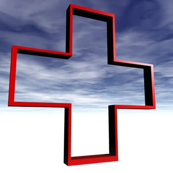 An illustration of a red cross on a stormy background.