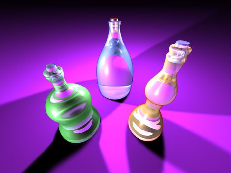 3D render of three Bottles in strange lightning.