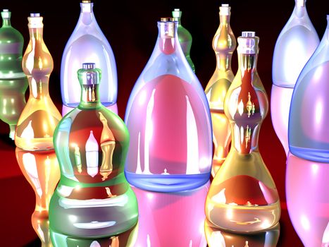 3D Bottle Arrangement. Rendered in a gaudy comic style.