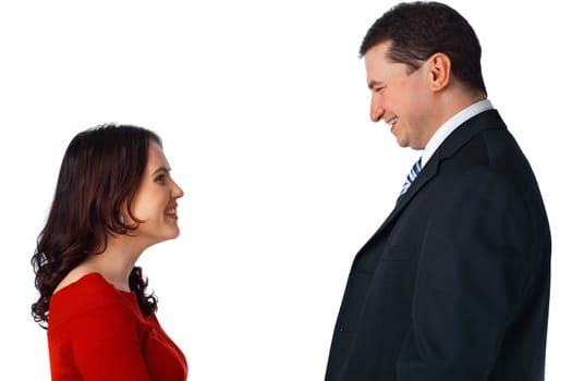 Portrait of a young couple standing opposite and looking at each other
