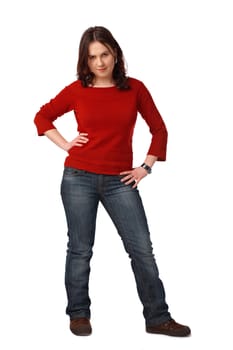 Full length portrait of an elegant young woman posing against white background 