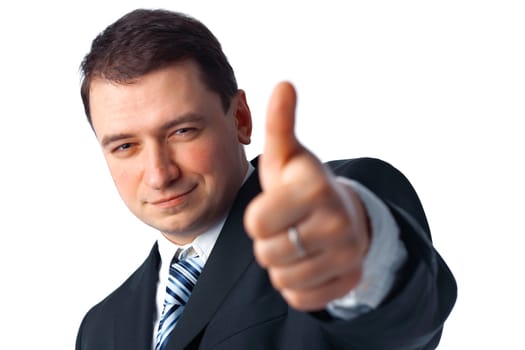 Close up portrait of a confident young business man giving you a positive success sign on white 