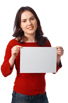  Portrait of a cute young female holding an empty billboard on white background 