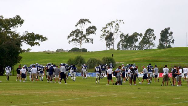 The Dallas Cowboys at their 2008 summer training camp in Oxnard, CA during a training session working out.