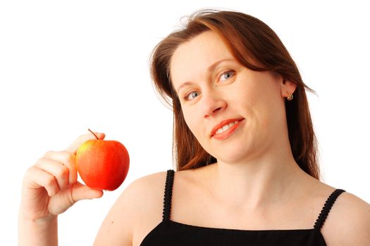 Closeup portrait of a young pretty woman with a red apple in her hand, isolated over white background 