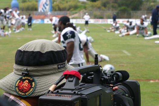 The Dallas Cowboys at their 2008 summer training camp in Oxnard, CA during a training session working out.