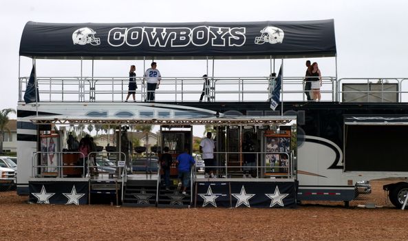 The Dallas Cowboys at their 2008 summer training camp in Oxnard, CA during a training session working out.