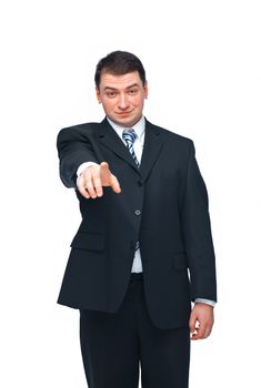 Young confident business man pointing to you isolated on white background