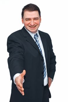 Portrait of a mature business man with hand outstretched to welcome you over white background 