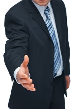 Closeup of a mature business man's hand greeting you , isolated on white background 
