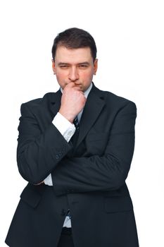 Handsome mature business man isolated against white looking forward in thought 