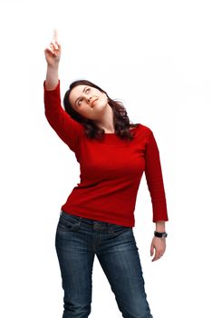 A portrait of a young girl pointing and looking at something up on white background