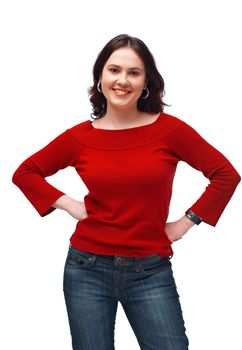 Portrait of an elegant young woman posing against white background 