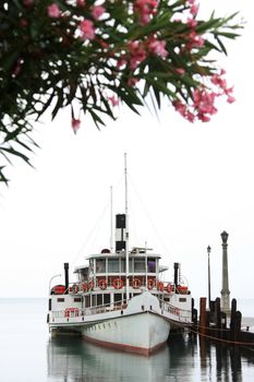 A white tourist boat tyed to the docks on a lake, fog over the lake obscuring everything in the background. pretty flowering tree blurry in foreground