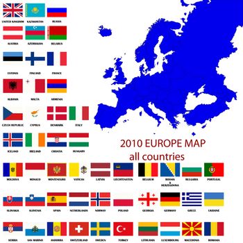 Editable map of Europe- all countries with borders and oficial flags in original colors