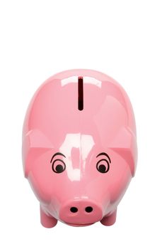 A pink piggy bank isolated on white, shot from slightly above the front