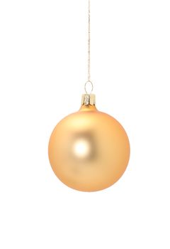 A gold christmas ball hanging from golden thread, shot in studio isolated on white. Perfect for your holiday designs or ads