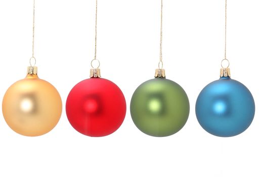 Four christmas balls hanging from golden thread, Gold, Red Green and Blue, shot in studio isolated on white. postprocessing minimal, only levels and saturation. Perfect for your holiday designs or ads