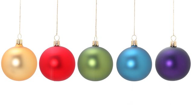 Five different colored christmas balls hanging from golden thread, Gold/Yellow, Red, green, blue, violet, shot in studio isolated on white.  Perfect for your holiday designs or ads