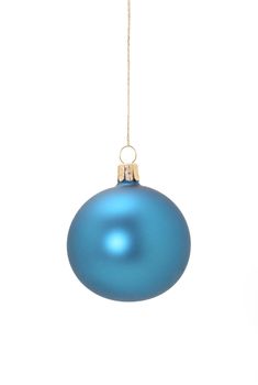 A blue christmas ball hanging from golden thread, shot in studio isolated on white. postprocessing minimal, only levels and saturation. Perfect for your holiday designs or ads
