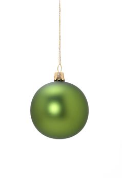 A green christmas ball hanging from golden thread, shot in studio isolated on white. postprocessing minimal, only levels and saturation. Perfect for your holiday designs or ads