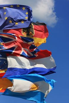 The national flags of France, UK and Germany along with the European Union flag and the Argentinian all flying together