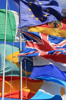 The flags of United Kingdom, France, Argentina, Italy, Germany, Brazil and Spain Along with the European union flag, perfect as an image for anything European or global, 