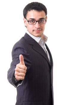 smiling businessman with thumbs up on a white background