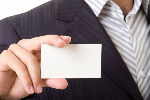 man holds an empty business card. It is ready to your inscription.