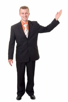 smiling businessman with indicating gesture on a white background